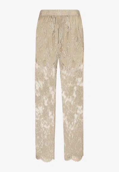 Dolce & Gabbana Sartoriale Wide-leg Lace Trousers In ベージュ