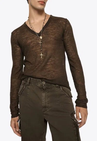 Dolce & Gabbana Semi-sheer V-neck Jumper In Brown
