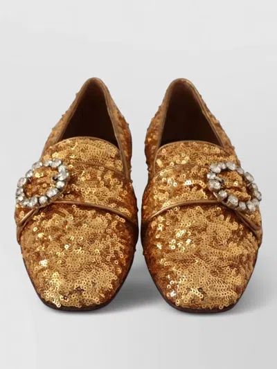 Dolce & Gabbana Sequin Crystal Buckle Flat Loafer Shoes In Neutral