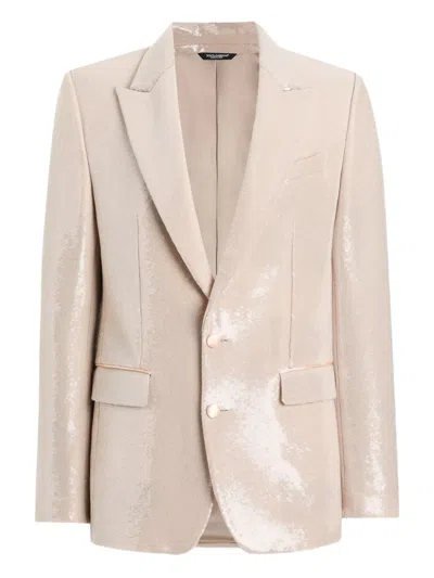 Dolce & Gabbana Single-breasted Sicilia Light Jacket With Sequins In Neutral