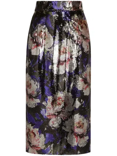 DOLCE & GABBANA SEQUIN-EMBELLISHED PENCIL MIDI SKIRT