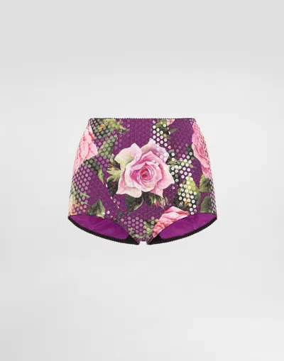 Dolce & Gabbana Sequin-embroidered Cady High-waisted Panties With Rose Print