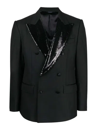 DOLCE & GABBANA SEQUIN-LAPEL DOUBLE-BREASTED BLAZER