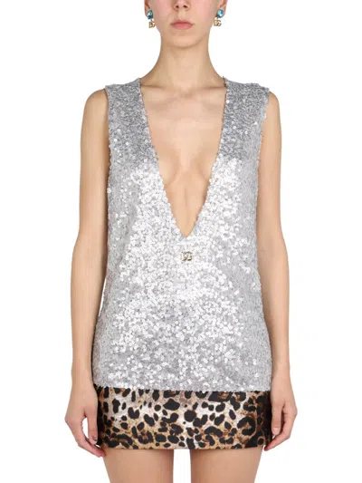 Dolce & Gabbana Sequin Top In Silver
