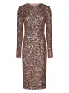 Dolce & Gabbana Long-sleeved Branded Stretch Lace Dress In Brown