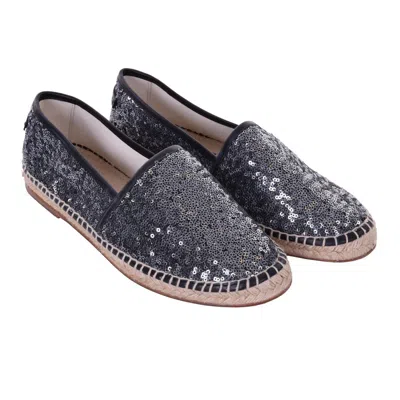 Pre-owned Dolce & Gabbana Sequined Canvas Espadrilles Shoes Tremiti With Logo Silver