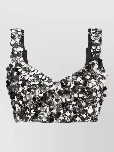 Dolce & Gabbana Sequined Cropped Sweetheart Neckline Sleeveless Top In Metallic