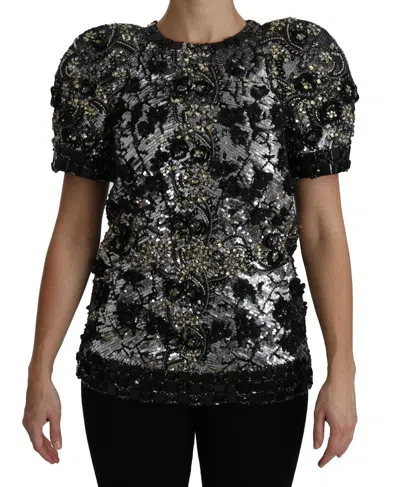 Dolce & Gabbana Black Sequined Crystal Embellished Top Blouse In Silver