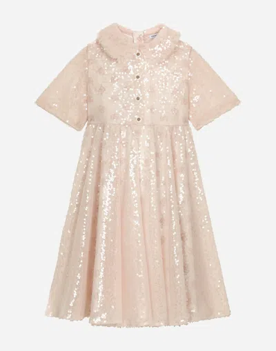 Dolce & Gabbana Sequined Dress With Branded Buttons In Pink