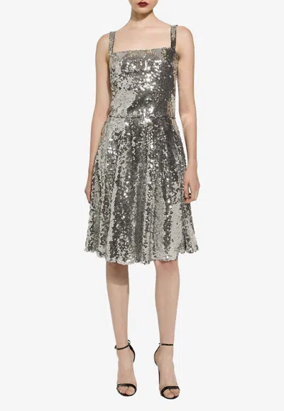 Dolce & Gabbana Sequined Flared Midi Skirt In Silver