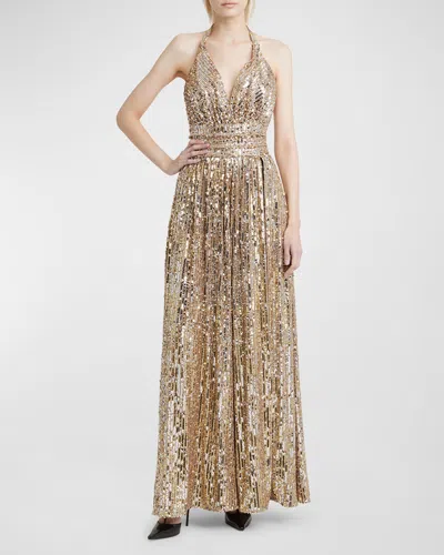 DOLCE & GABBANA SEQUINED HALTER THIGH-SLIT GOWN