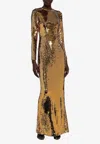 Dolce & Gabbana Long Sequined Tulle Stretch Dress In Gold