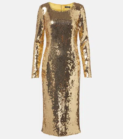 Dolce & Gabbana Sequined Midi Dress In Gold