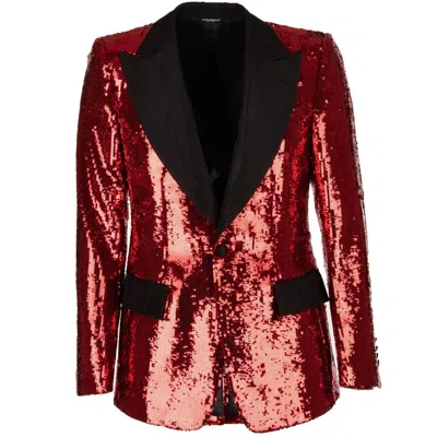 Pre-owned Dolce & Gabbana Sequined Moire Tuxedo Blazer Jacket Red Black 11180