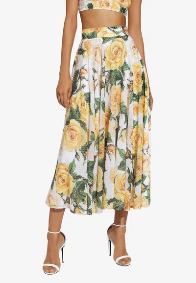 DOLCE & GABBANA SEQUINED ROSE-PRINT MIDI SKIRT