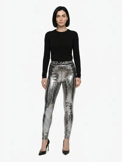 Dolce & Gabbana Sequin-embellished Cotton Leggings In Silver