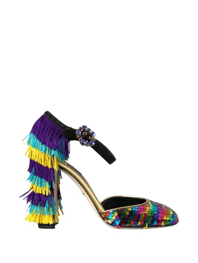 Dolce & Gabbana Mary Jane Pumps Buckle Layered Fringe Round Toe Leather Sole In Black