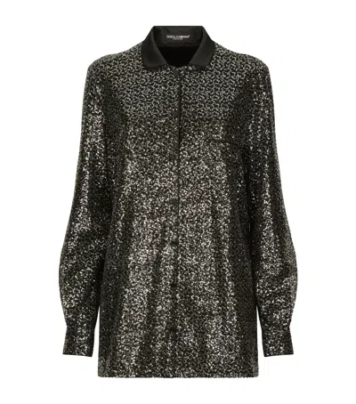 Dolce & Gabbana Satin-collar Sequin-embellished Shirt In Black