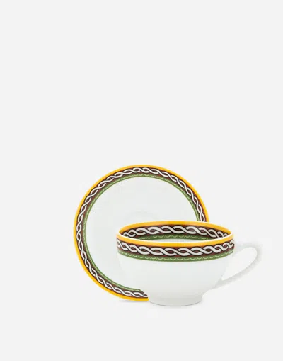 Dolce & Gabbana Set 2 Porcelain Espresso Cups With Saucers In Multicolor