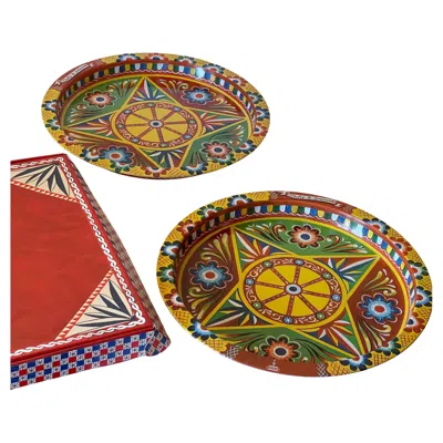 Pre-owned Dolce & Gabbana Set Of 2  Hand-painted Metal Platters, Italy, 39 Cm In Brown