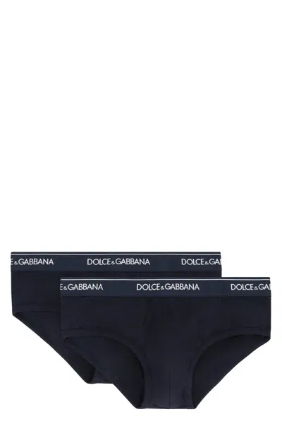 Dolce & Gabbana Set Of Two Cotton Briefs With Logoed Elastic Band In Black