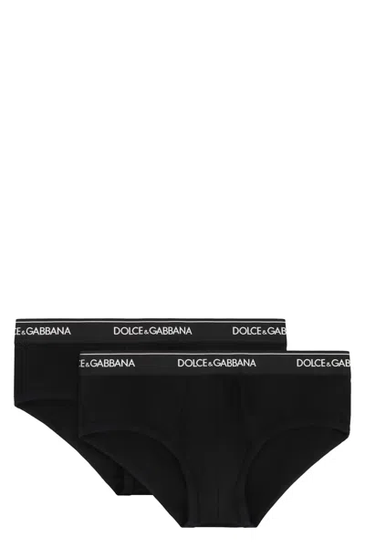 Dolce & Gabbana Set Of Two Cotton Briefs With Logoed Elastic Band In Black