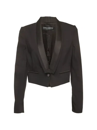 Pre-owned Dolce & Gabbana Shawl-lapel Cropped Wool Blazer In Black