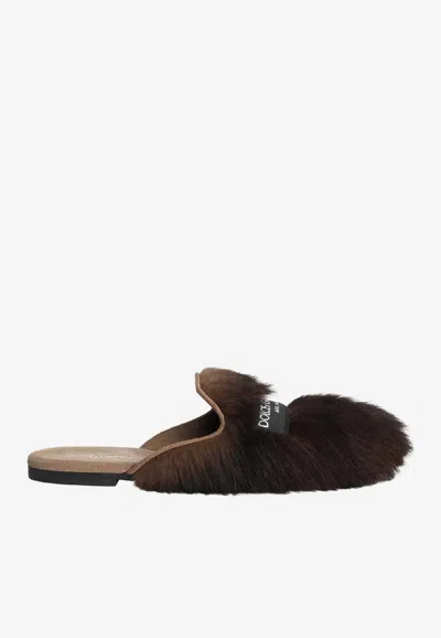 Dolce & Gabbana Shearling And Suede Slippers In Animal Print