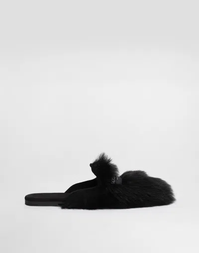 Dolce & Gabbana Shearling And Suede Slippers In Black