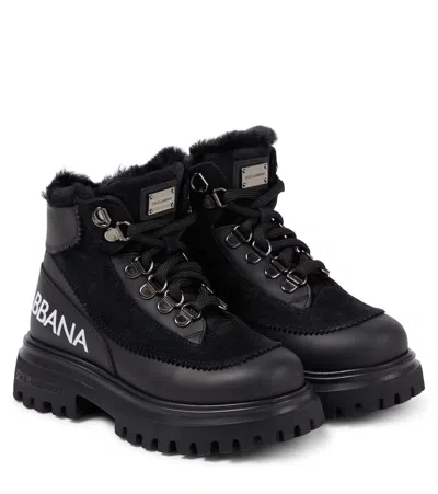 Dolce & Gabbana Kids' Shearling-lined Leather Ankle Boots In Black