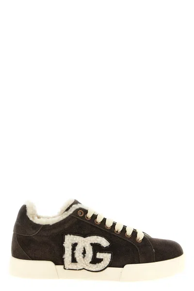 Dolce & Gabbana Shearling Low. Top Sneakers In Brown