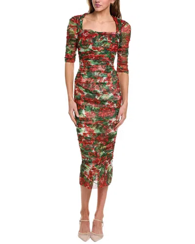 Dolce & Gabbana Red Floral Print Tulle Sheath Midi Dress