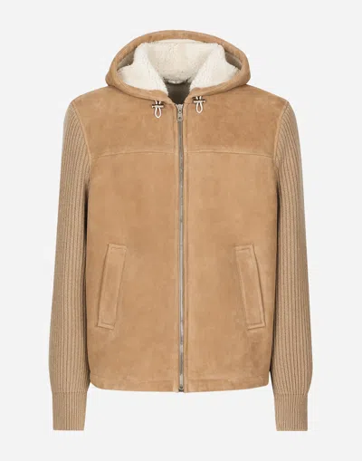Dolce & Gabbana Sheepskin Jacket With Knit Inserts And Hood In Beige