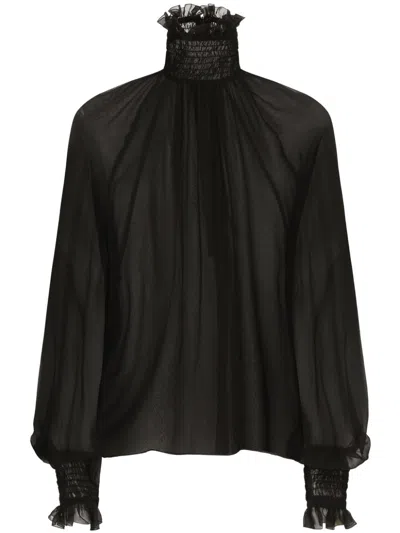 Dolce & Gabbana Sheer Black Frilled High Neck Silk Top For Women