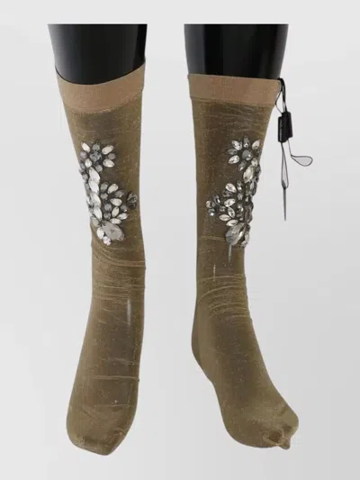Dolce & Gabbana Sheer Crystal Floral Mid Calf Socks In Animal Print