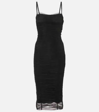 Dolce & Gabbana Sheer Draped Tulle Midi Dress In Black