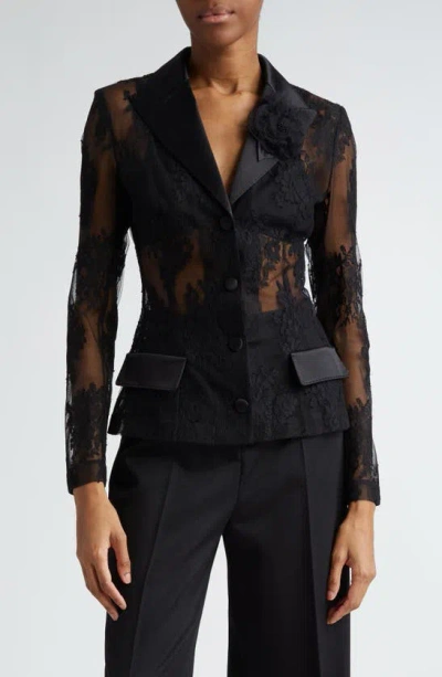 Dolce & Gabbana Dolce&gabbana Sheer Floral Lace & Satin Jacket In N0000 Nero