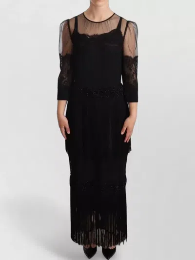 Dolce & Gabbana Sheer Floral Lace Crystal Fringe Maxi Dress In Black