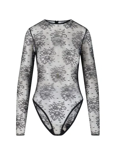 Dolce & Gabbana Sheer Floral Lace Long Sleeve Bodysuit In Black