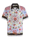 Dolce & Gabbana Multicolor Bowling Shirt With Cuban Collar And All-over Print In Linen Man In Blue
