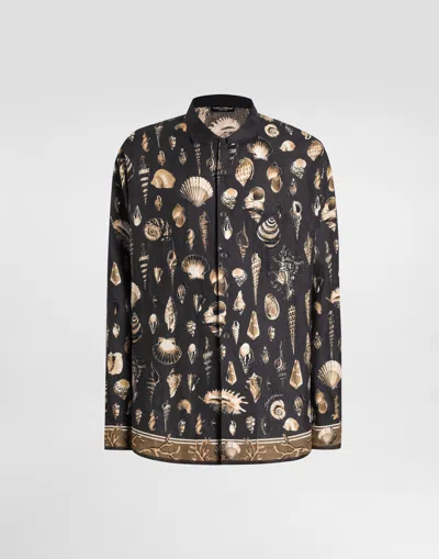 Dolce & Gabbana Shell-print Oversized Linen Canvas Shirt In Black