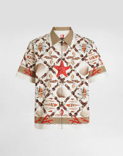 Dolce & Gabbana Camicia Hawaii In Drill Stampa Conchiglia Elasticizzato In Gray