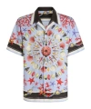 Dolce & Gabbana Multicolor Bowling Shirt With Cuban Collar And All-over Print In Linen Man In Blue