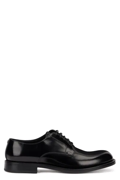 Dolce & Gabbana Shiny Leather Derby Dress Shoes With Moccasin-style Comfort In Black