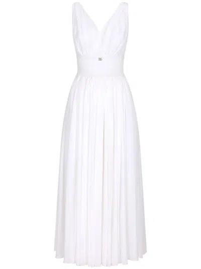 Dolce & Gabbana Shirred-panel Silk Midi Dress In Bianco