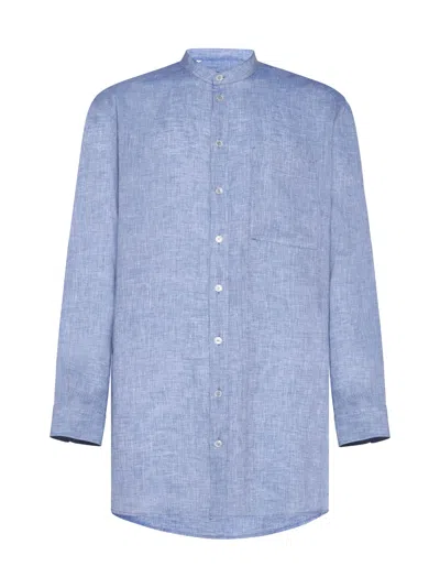 Dolce & Gabbana Band-collar Linen Shirt In Baby Blue