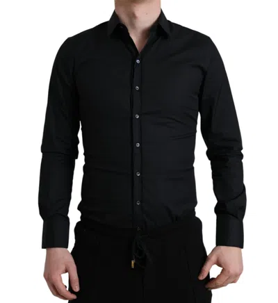 Pre-owned Dolce & Gabbana Shirt Dress Black Cotton Stretch Slim Formal 39/ Us15.5/s 450usd