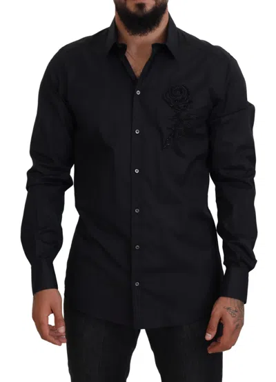 Pre-owned Dolce & Gabbana Shirt Gold Black Roses Slim Fit Cotton 41 / Us16 / L 1200usd