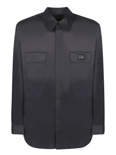 Dolce & Gabbana Shirt In Semi-gloss Fabric And Logo Plate In Black