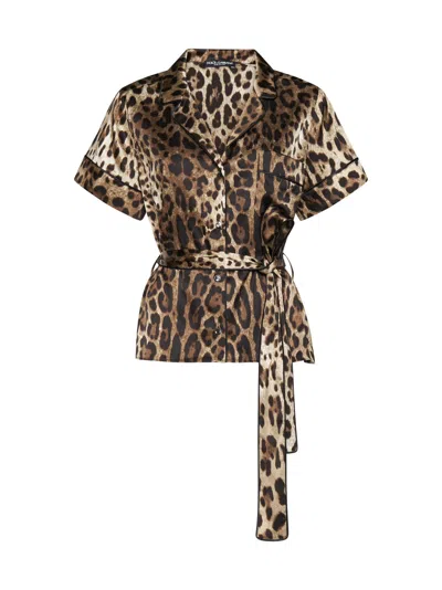 Dolce & Gabbana Belted Silk Shirt In Brown